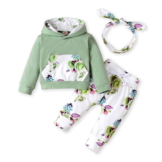 9 Months Baby Girls Clothes 12 Months Girls 3PCS Fall Winter Outfits Flower Print Infant Girls Long Sleeve Hoodie Top Pants Headband Set Green