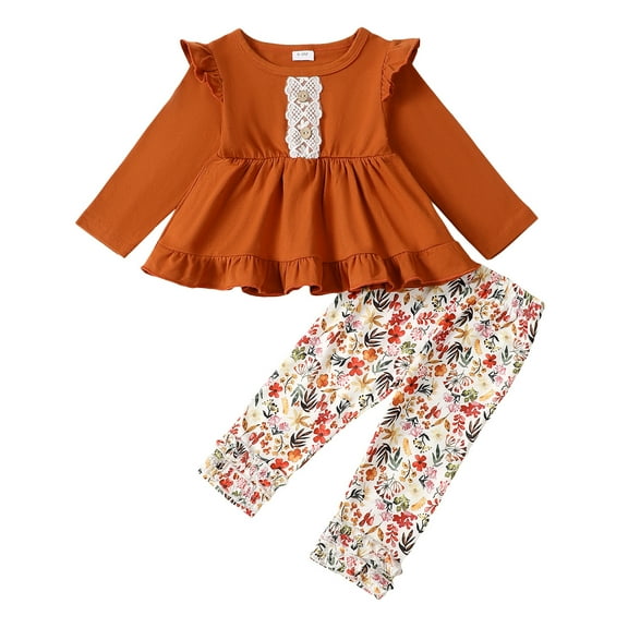 9 Months Baby Girls Clothes 12 Months Girls Pant Set Infant Girls Long Sleeve Round Neckline Top Floral Pants 2PCS Set Brown