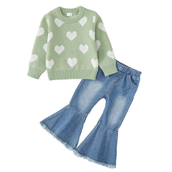 9 Months Baby Girls Clothes 12 Months Girls Sweater Outfits Set Cute Heart Round Neck Infant Girls Long Sleeve Top Denim Pants Set Green
