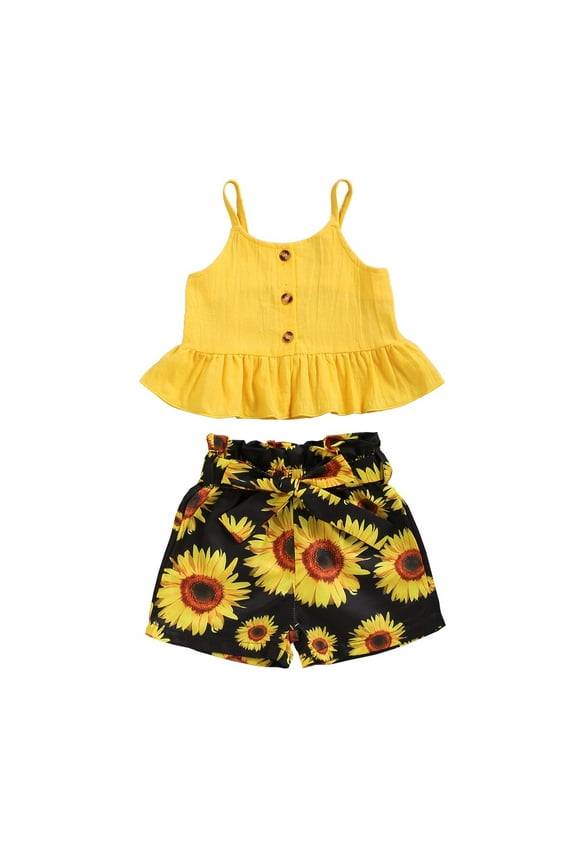 9 Months Baby Girls Clothes 12 Months Infant Baby Girls Summer 2PCS Outfits Suspender Ruffle Top Sunflower Print Shorts Set Yellow