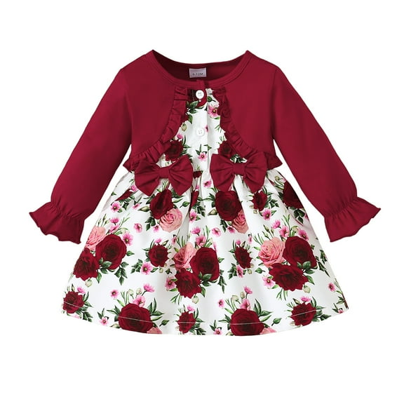 9 Months Baby Girls Dress 12 Months Girls Long Sleeve Dress Flower Print Infant Girls Floral Dress Red