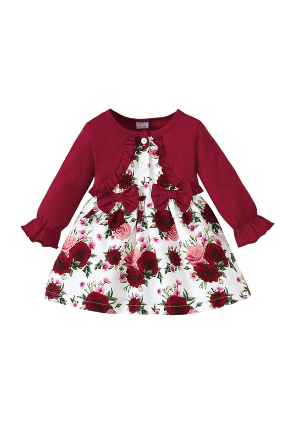 9 Months Baby Girls Dress 12 Months Girls Long Sleeve Dress Flower Print Infant Girls Floral Dress Red