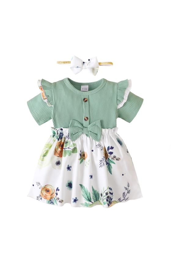 9 Months Baby Girls Dress 12 Months Girls Short Sleeve Dress Flower Print Infant Girls Summer Floral Dress with Headband Green
