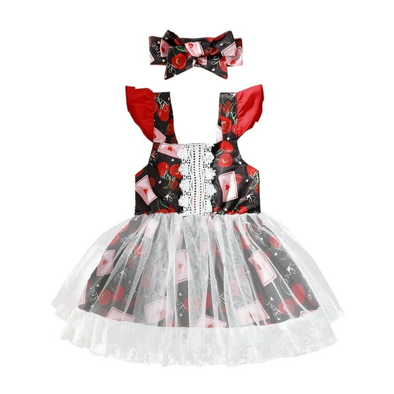 9 Months Baby Girls Dress 12 Months Girls Sleeveless Dress Cherry Print Infant Girls Summer Tulle Dress with Headband Red