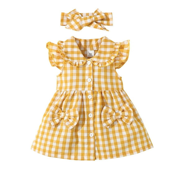 9 Months Baby Girls Dress Infant Girls Summer Plaid Dress 12 Months Girls Flying Sleeve Lapel Dress with Headband Yellow