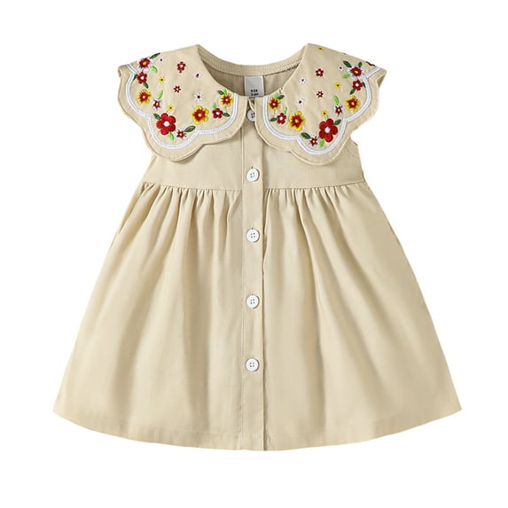 9 Months Baby Girls Dress Infant Girls Summer Sleeveless Dress 12 Months Girls Embroidering Collar Solid Color Dress Apricot