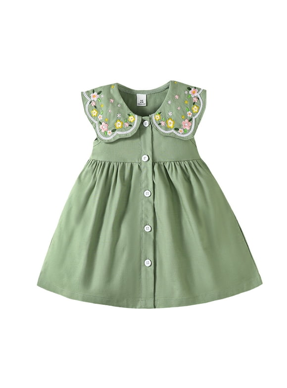 9 Months Baby Girls Dress Infant Girls Summer Sleeveless Dress 12 Months Girls Embroidering Collar Solid Color Dress Green