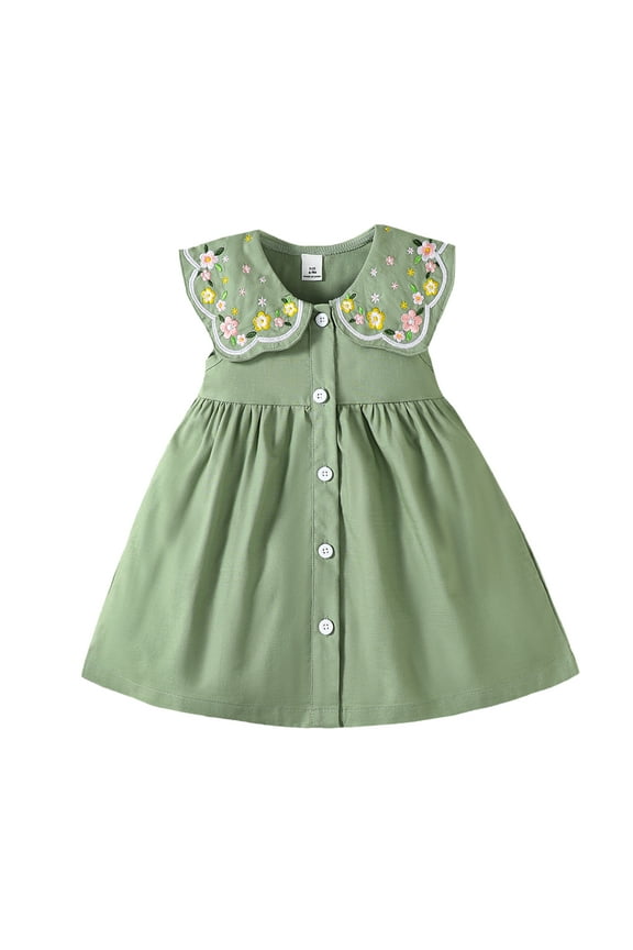 9 Months Baby Girls Dress Infant Girls Summer Sleeveless Dress 12 Months Girls Embroidering Collar Solid Color Dress Green