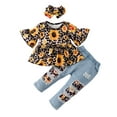 thumbnail image 1 of 9 Months Baby Girls Outfits 12 Months Girls Pant Sets Infant Girls Short Sleeve Sunflower Print Top Jeans Pants Headband 3PCS Set Black, 1 of 8