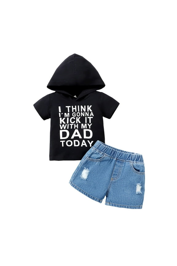 9 Months Infant Baby Boys Clothes 12 Months Infant Boys Summer 2PCS Outfits Letter Print Short Sleeve Hooded Shirt Top Denim Shorts Set Black
