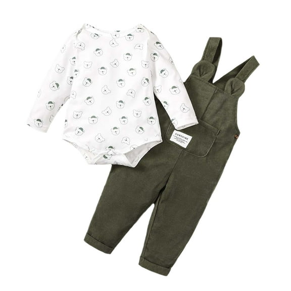 9 Months Infant Baby Boys Clothes Baby Boys Outfits 9-12 Months Baby Boys Long Sleeve Romper Top Overall Pants 2PCS Set White