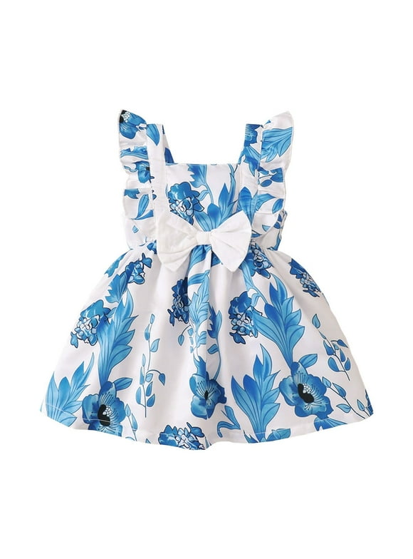 9 Months Infant Baby Girl Clothes 12 Months Infant Girls Summer Dress Sleeveless Dress Cute Bowknot Floral Dress Blue