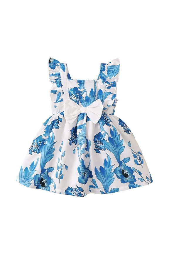 9 Months Infant Baby Girl Clothes 12 Months Infant Girls Summer Dress Sleeveless Dress Cute Bowknot Floral Dress Blue