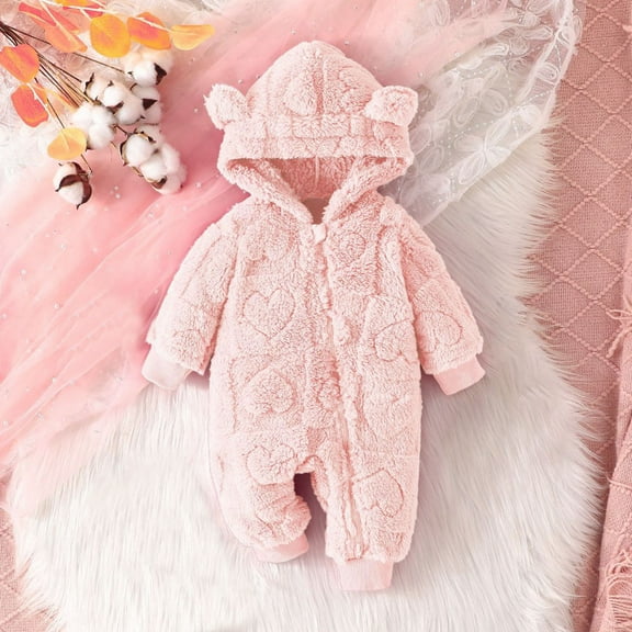 9 Months Newborn Baby Fleece Rompers Footie Snowsuit Winter Onesie Cartoon Warm Hooded Outfits for Girls Boys Pink