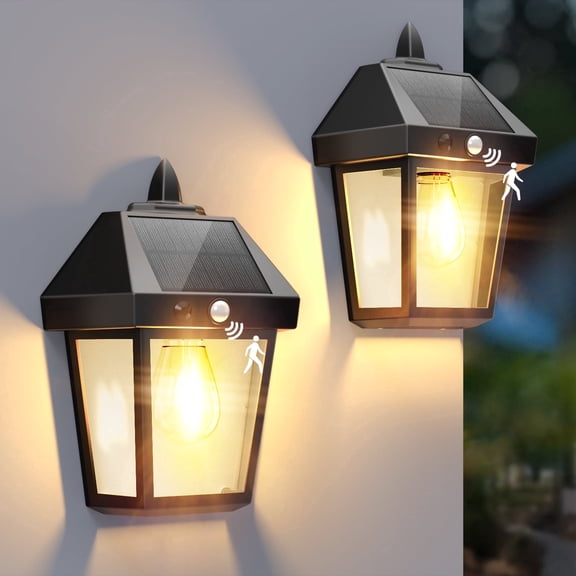 9" Motion Sensor Solar Wall Lanterns with 3 Lighting Modes, Waterproof Outdoor Porch Lights, 2 Pack