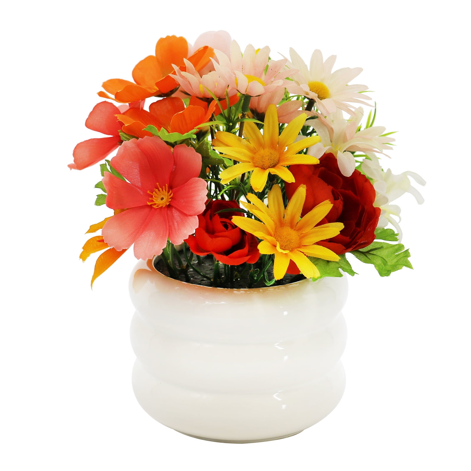 9" Multicolor Mixed Ranunculus and Daisy Arrangement in White Ceramic Container