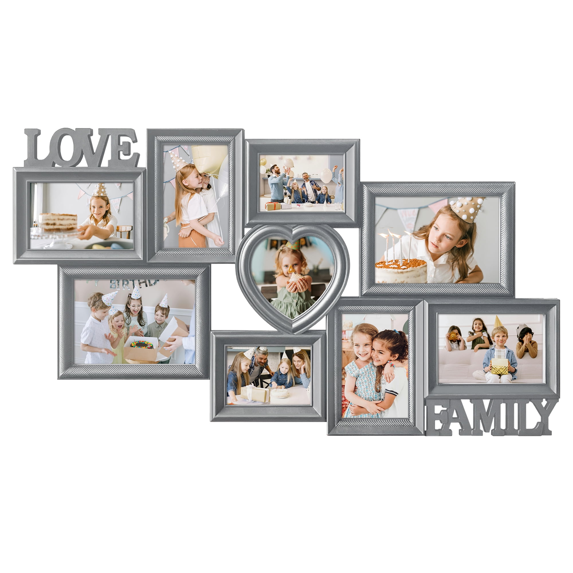 9‑Opening Family Collage Photo Frame, Gray PVC Wall‑Mount Picture Frame ...
