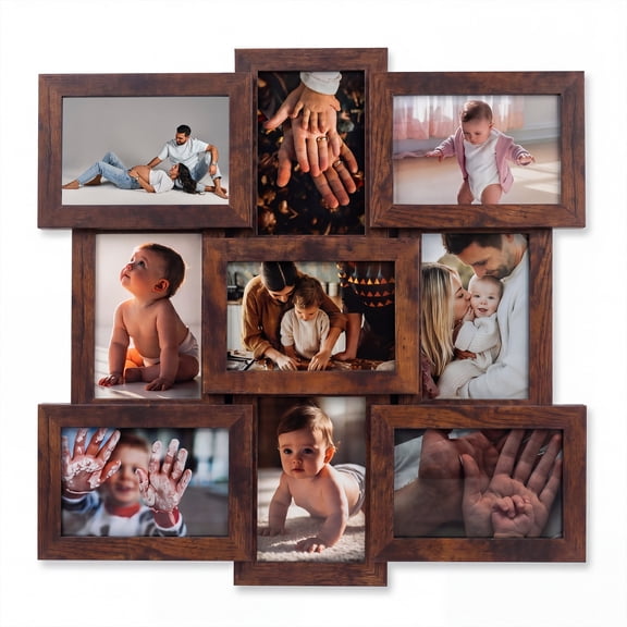 9 Opening Wall Collage Picture Frame, Fits Nine 4x6 Inch Frames, HD Clear Glass & Serrated Hanging Hooks, Vertical & Horizontal Mountable Home Wall Decor Frame, Brown