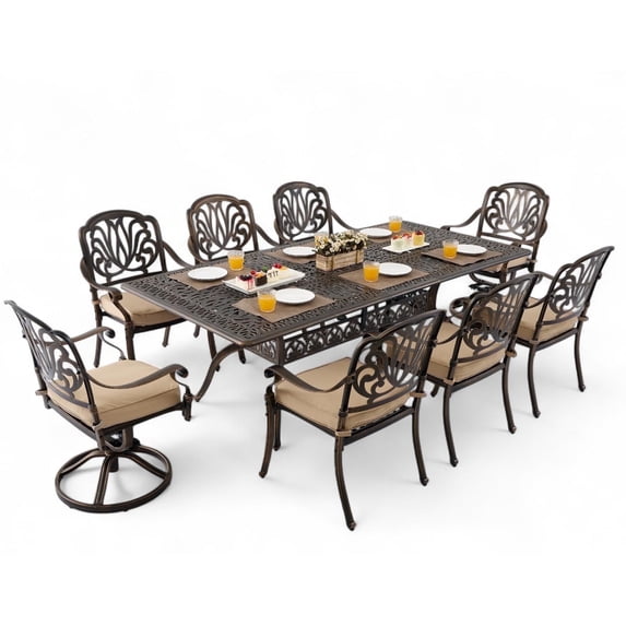 ATKELITION 9 Outdoor Dining Set Cast Aluminum Patio Dining Set for 8 Includes 86.6’’ Table and 2 Swivel Chairs with Cushion and Umbrella Hole
