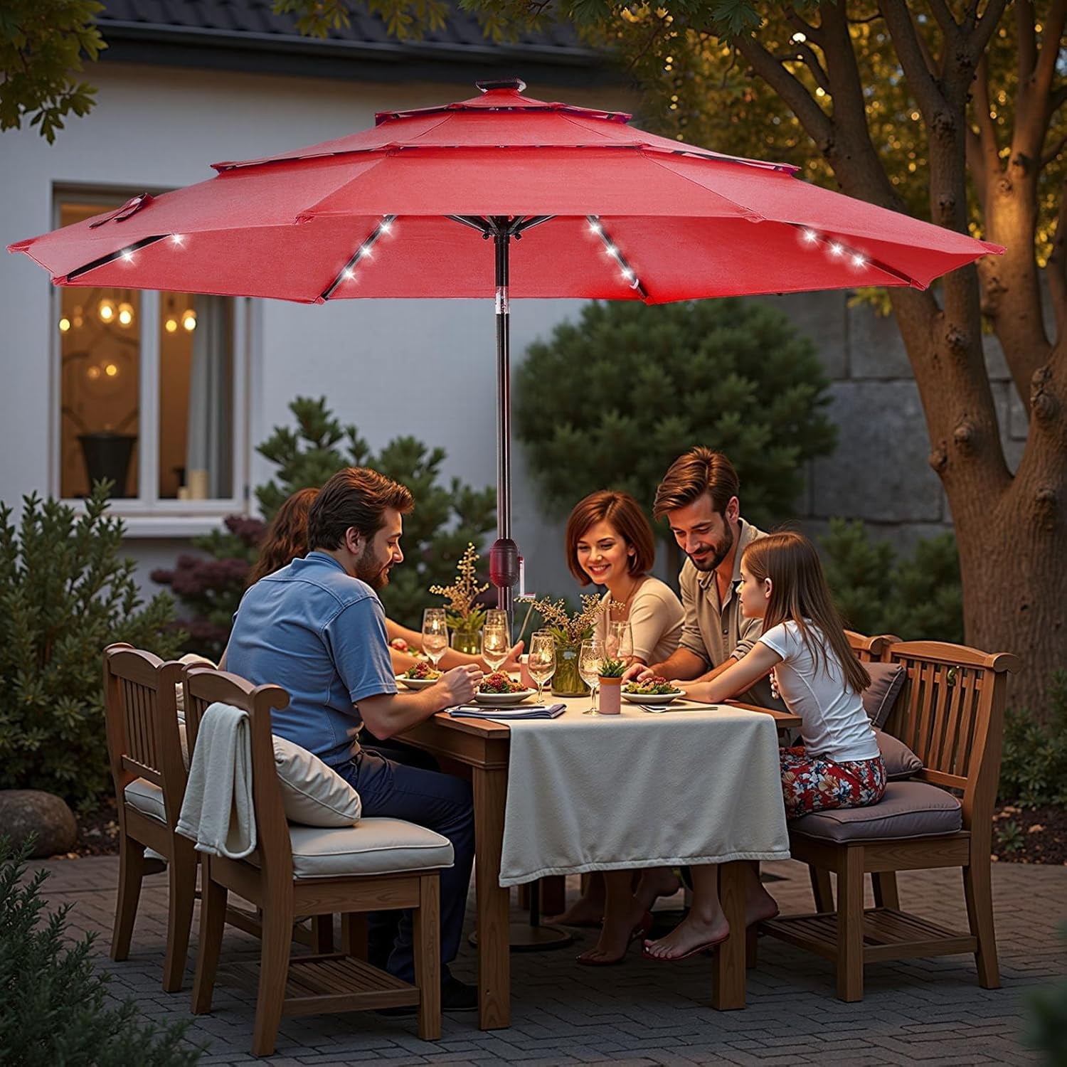 9.2' Outdoor Patio Umbrella with LED Lights, Umbrella with 8 Sturdy Ribs for Outdoor Table, Yard, Market, Push Button Tilt and Crank, Red