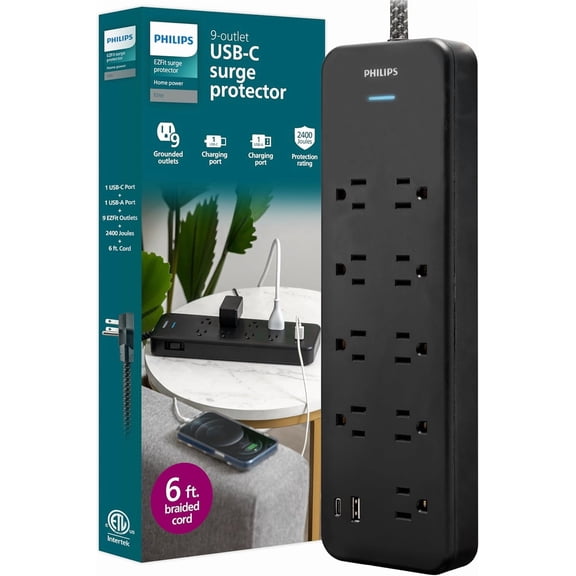9-Outlet Sur Protector with USB Charging, 6ft Braided Extension Cord, 1USB-A, 1USB-C, 2400J, Adapter Spaced, Black - SPP3983B/37