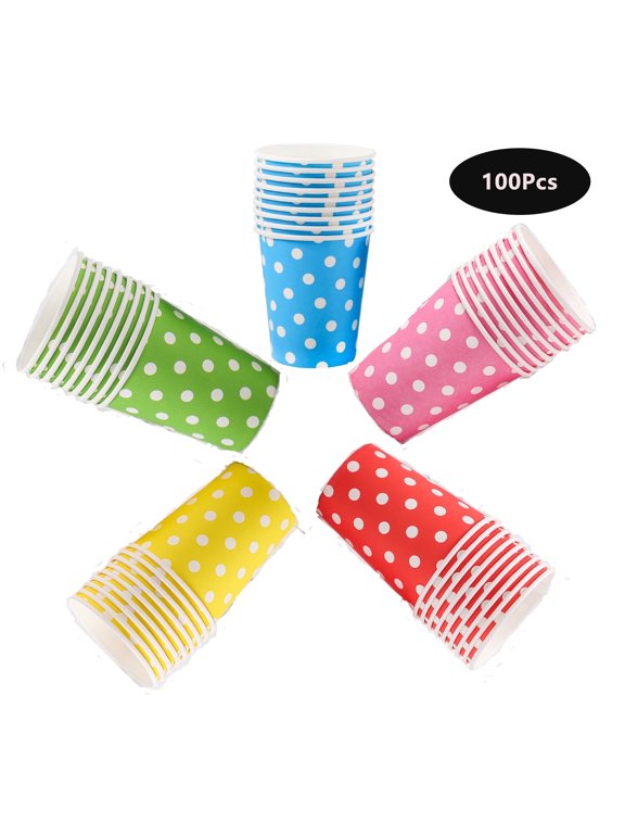 100 Pcs Paper Cups, 9 Oz Colorful Dots Disposable Coffee Cups(5 Color)