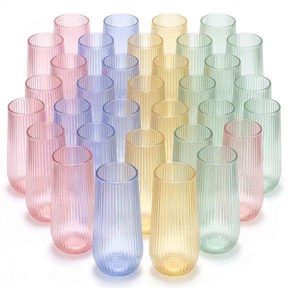 9 Oz Disposable Plastic Stemless Toasting Glasses Ribbed Color Collection 1, 48 Pack