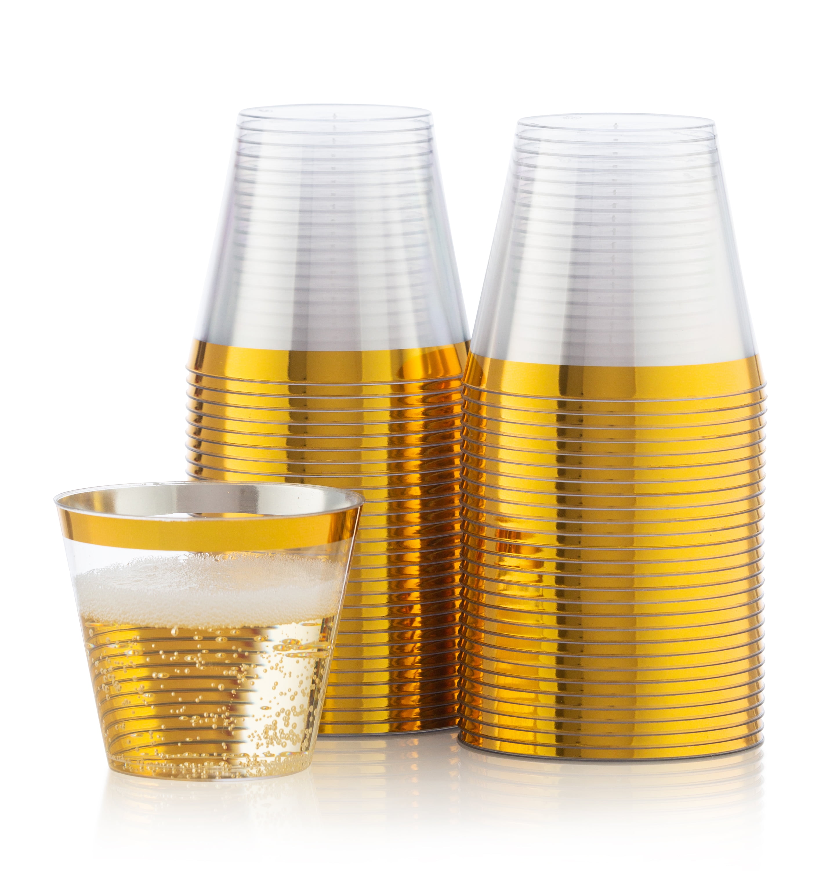25 Glittered 9 oz Clear Plastic Disposable Cups with Gold Trim