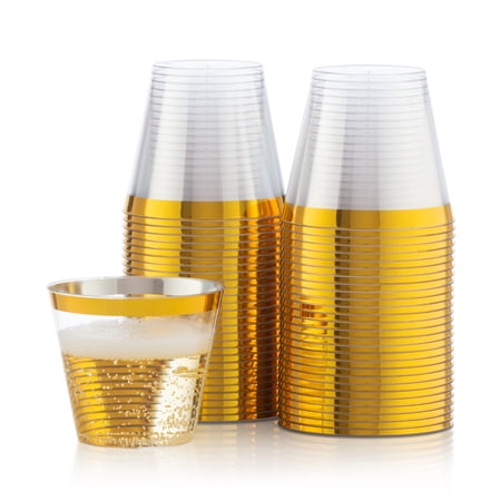 9 Oz Gold Plastic Cups 100 Clear Plastic Cups Old Fashioned Tumblers Gold Rimmed Cups Fancy Disposable Wedding Cups Elegant Party Cups with Gold Rim