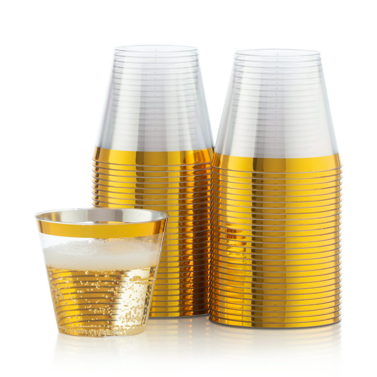 N9R 100 Pack Gold Plastic Cups 9oz, Gold Glitter Plastic Cups Disposable,  Elegant Wedding Cups and Party Cups