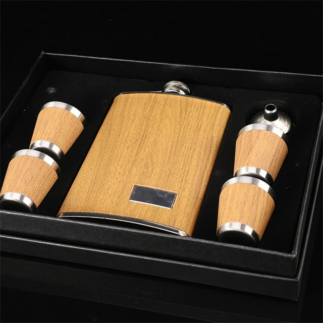 9 Oz Wooden Hip Flask Set with 1 Funnel and 4 Cups Whiskey Wine Stainless Steel Flagon Bottle Travel for Gifts