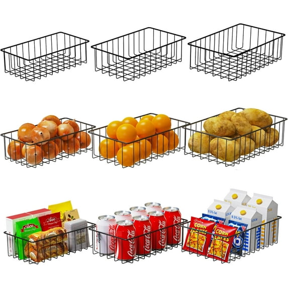 9 PACK (3 Szie) Small Wire Storage Baskets for Organizing,Pantry Organization Bins for Cabinets, Metal Basket for Kitchen, Bathroom Organizer (Black-9)