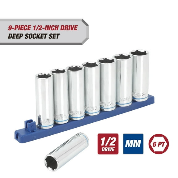 Hyper Tough 9-Piece 1/2-inch Drive Deep Metric Socket Set (mm)
