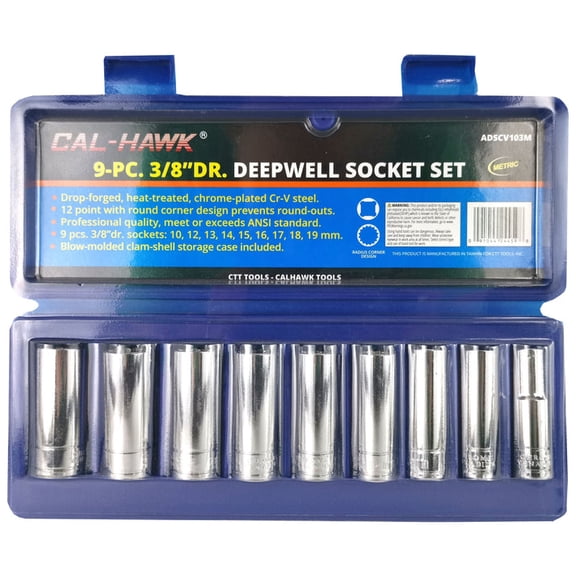 9 PC 3/8" Drive Metric Size Deep Well Socket Tool Set with Case