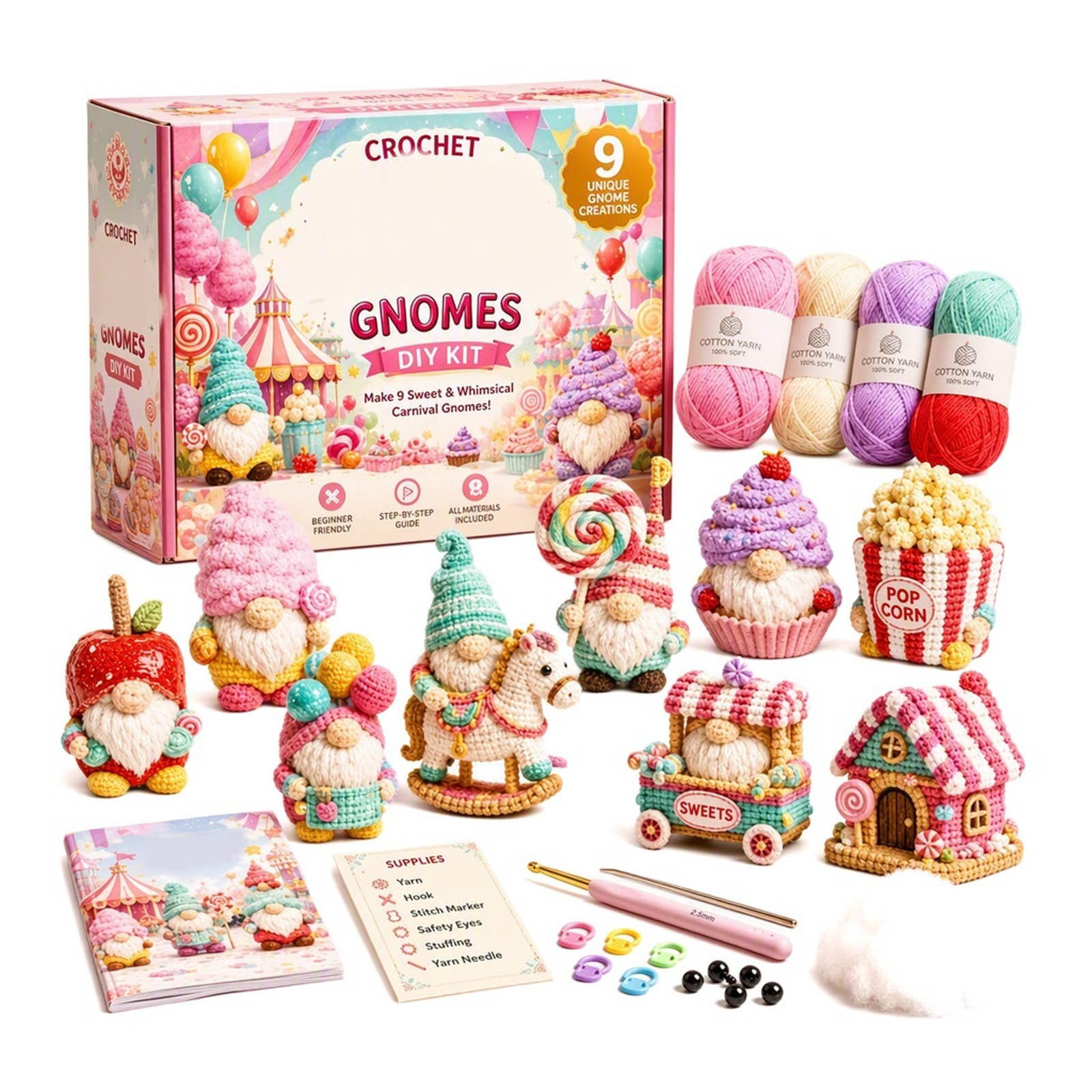 9 PC Crochet DIY Kit, Pink Cloth Character Craft Project, 8.66 x 8.66 x ...