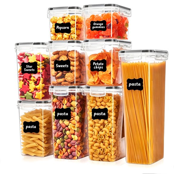 Asnews 9 PCS Airtight Food Storage Containers with Lids, Kitchen Storage Container for Cereal, Dry Food, Flour and Sugar, BPA-Free, Includes 24 Labels