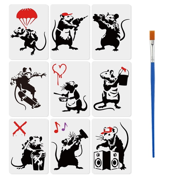 9 PCS Banksy Mouse Painting Stencils 8.3x11.7inch Reusable Banksy Rats Template Street Rats Draffiti Stencil Graffiti Themes Mouses Pattern Template