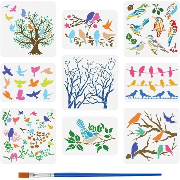 9 PCS Birds Trees Stencils with Paint Brush 2 Sizes Reusable Trees Branches Drawing Templates Flowers Leaves Pattern Painting Stencils Hollowed Nature Theme Templates for DIY Crafts