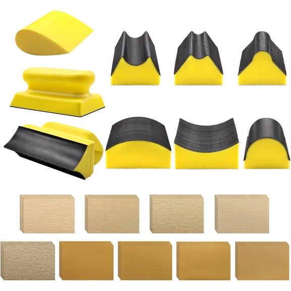9 PCS Contoured Profile Hand Sanding Block, 4 Inch Hand Sander Block Interchangeable Assorted Convex & Concave Shapes with 45 Sheet Assortment Sandpaper for Auto Body, Woodworking, Furniture