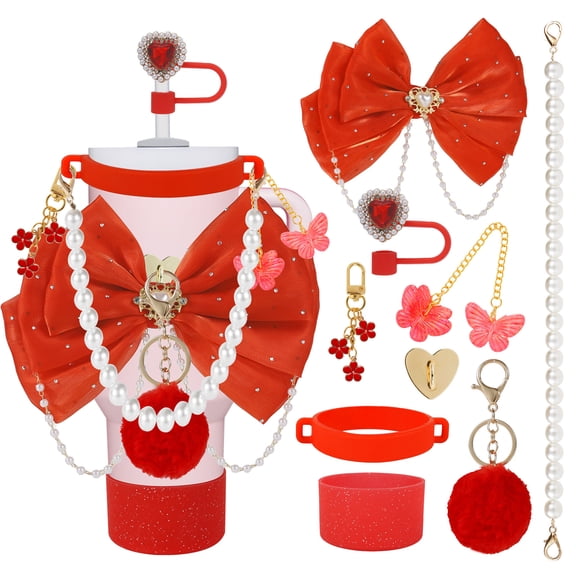 9 PCS Cup Accessories Set for 20/30/40 oz Tumbler Including Bottle Cover Cup Strap Chain Pendant Bow Decoration Butterfly Pendant for Women