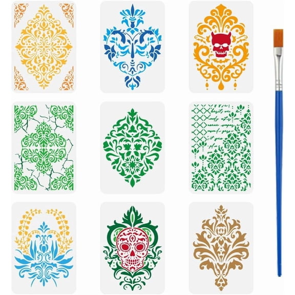 9 PCS Damask Patterns Stencils with 1Pc Paint Brush 8.3x11.7inch Decorative Floral Pattern Template DIY