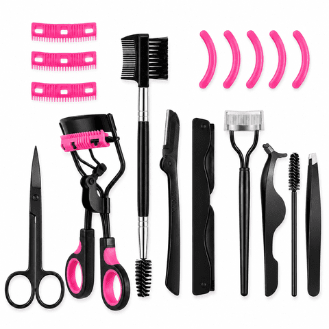 9 PCS Eyelash Curler Kit for Women, Lash and Brow Grooming Set with Eyelash Curler, Comb Separator, Mascara Brushes, Eyebrow Razors, Lash Applicator, Tweezers, Scissors, 5 Refill Pads and 3 Comb