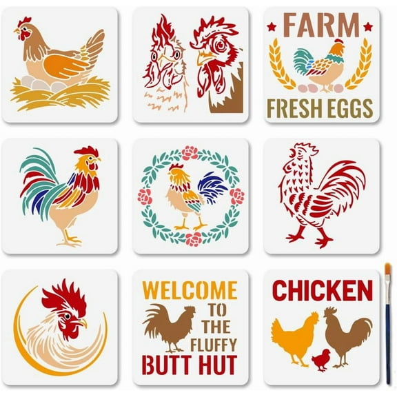 9 PCS Farm Chicken Stencils 5.9x5.9 Inches Rooster Hen Egg Reusable Stencils Farmhouse Chick Drawing Stencil Templates with Paint Brush