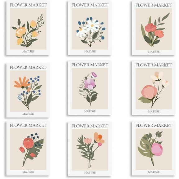 9 PCS Flower Market Canvas Art Prints Unframed Fauvism Picture Prints Daisy Abstract Floral Wall Art Colored Flower Illustration Rose Modern Painting Artwork Posters for Living Room Decor Multi-color