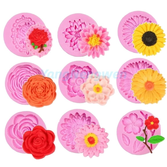 9 PCS Flower Silicone Molds Set, Pink Flower Molds Silicone Fondant Candy Making Molds for Pastry Cupcake Dessert Chocolate Cookie Decor, Cake Decorations