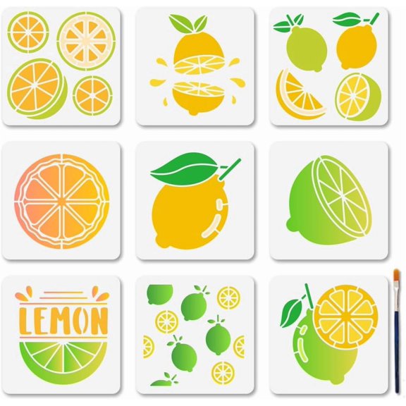 9 PCS Fruits Lemon Painting Stencils 5.9x5.9 Inches Slices Reusable Stencils Juice Water Fresh Drawing Stencil Templates with Paint Brush for DIY Making