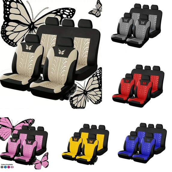 9 PCS Full Set Universal Car Seat Cover, Embroidered Butterfly Pattern Automotive Cushion Protector for Sedan SUV Truck, Stylish Vehicle Interior Decoration Apparel Accessories