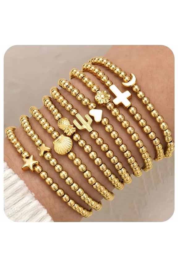 9 PCS Gold Bead Bracelet for Women, Gold Beaded Stretch Plated Stackable Strand Bead Ball Bracelets stack Adjustable Jewelry Set for Gifts