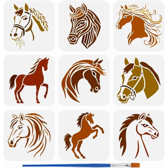 9 PCS Horse Head Stencils for Painting with Brush 5.9x5.9inch Reusable Animal Horse Template Hollowed Silhouette Pattern Stencil Plastic PET Animal Theme Template for Wall Decoration White