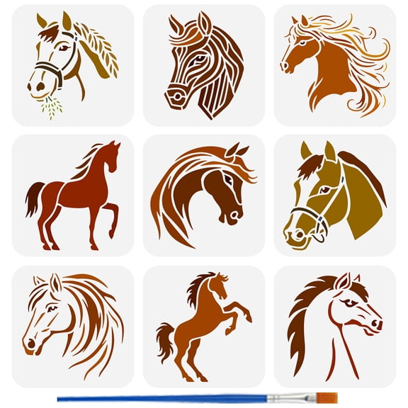 9 PCS Horse Head Stencils for Painting with Brush 5.9x5.9inch Reusable Animal Horse Template Hollowed Silhouette Pattern Stencil
